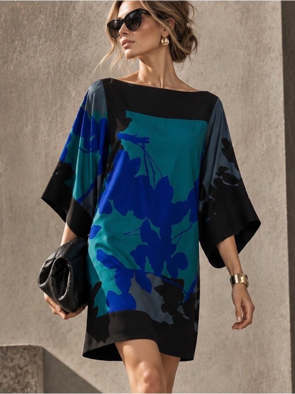 Diane von Furstenberg DVF Silk Lycra Floral Kimono Shift Dress Blue Black